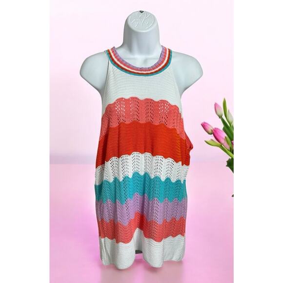 Sleeveless High Neck Sweater Top Sz XL Open Knit Colorful Crochet Blouse - Picture 1 of 7